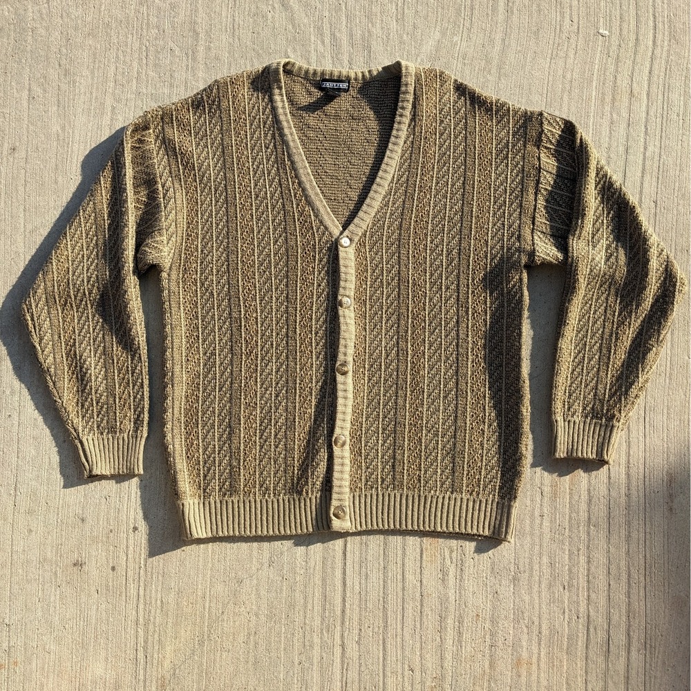 Vintage Jantzen Grandpa Cardigan Sweater Men's XL‎ Tan Striped Grunge 80s 90s